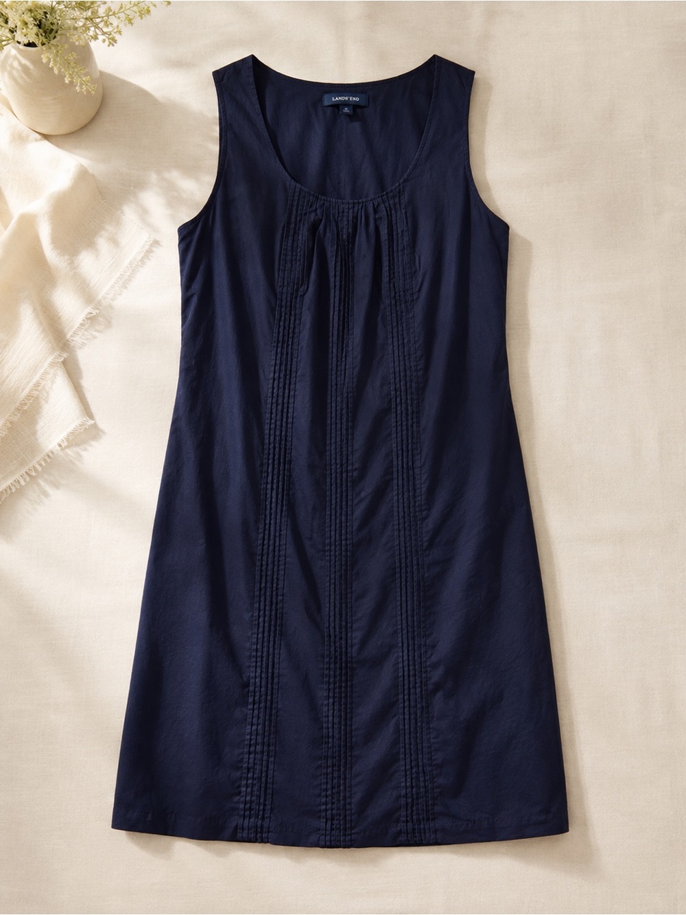 Lands'End Women's Navy Blue Pleated Accent Knee Length Double Layer Dress